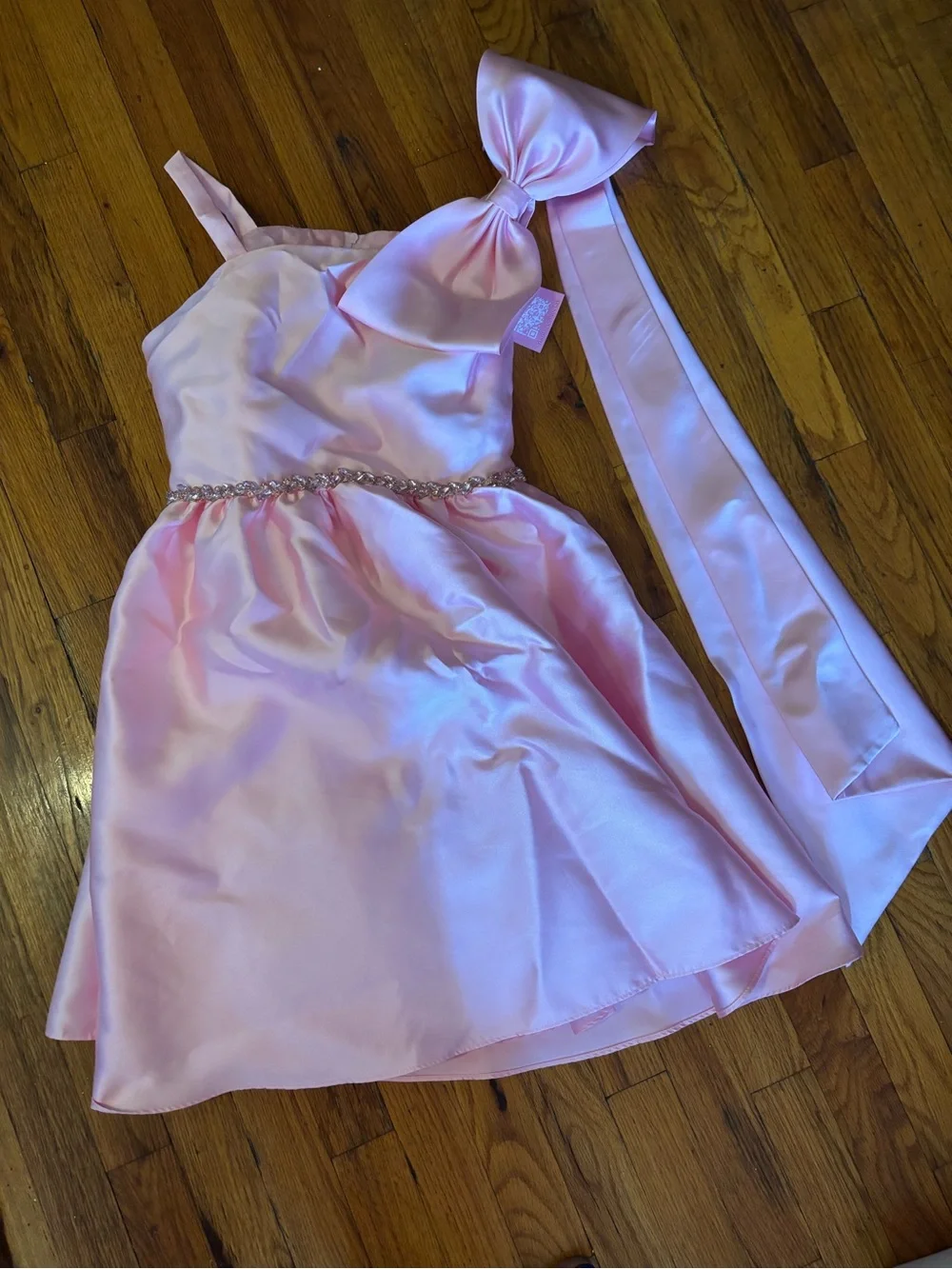 Rare Editions Pink Satin One-Shoulder Dress with Bow and Jeweled Waist